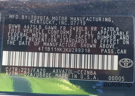 2019 Toyota Camry Le из США, поврежденный, VIN 4T1B11HK3KU289318